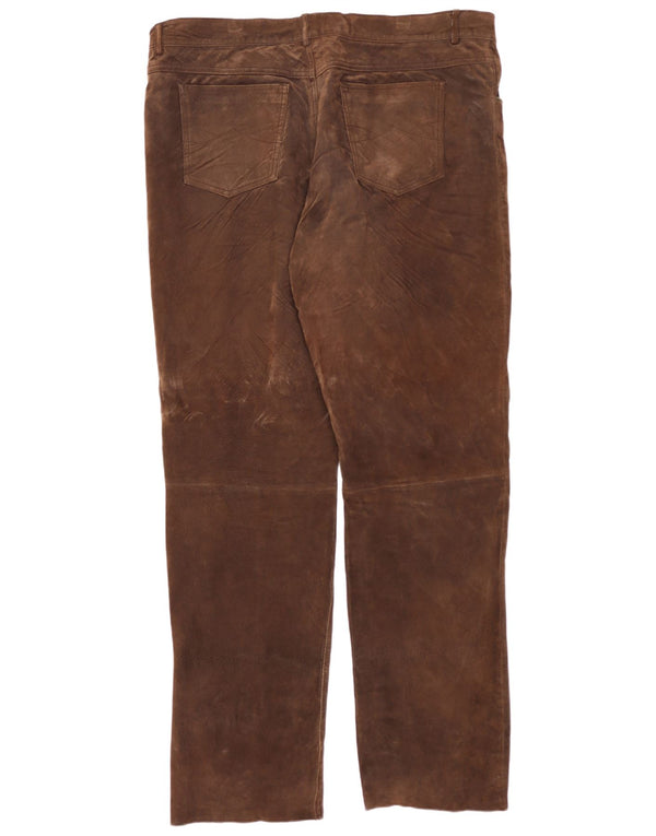 Vintage Mens Straight Suede Trousers W42 L34 Brown Leather