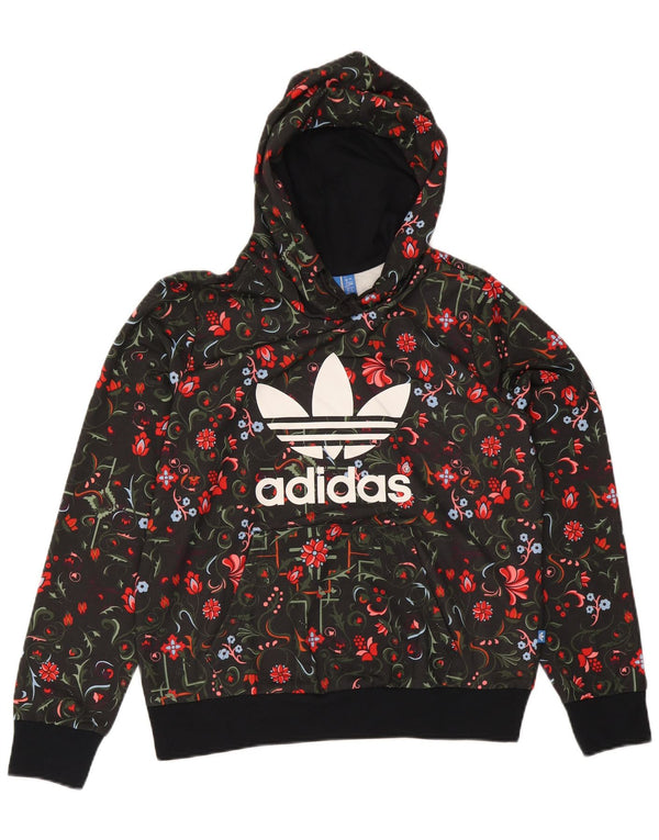 Adidas Damen Graphic Hoodie Pullover UK 16 Großes schwarzes Blumenmuster aus Polyester