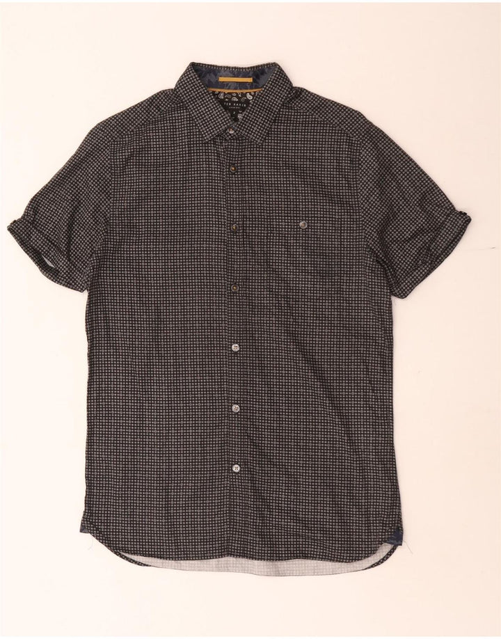 Ted Baker Herren-Kurzarmhemd, Größe 2, klein, schwarze, geometrische Baumwolle