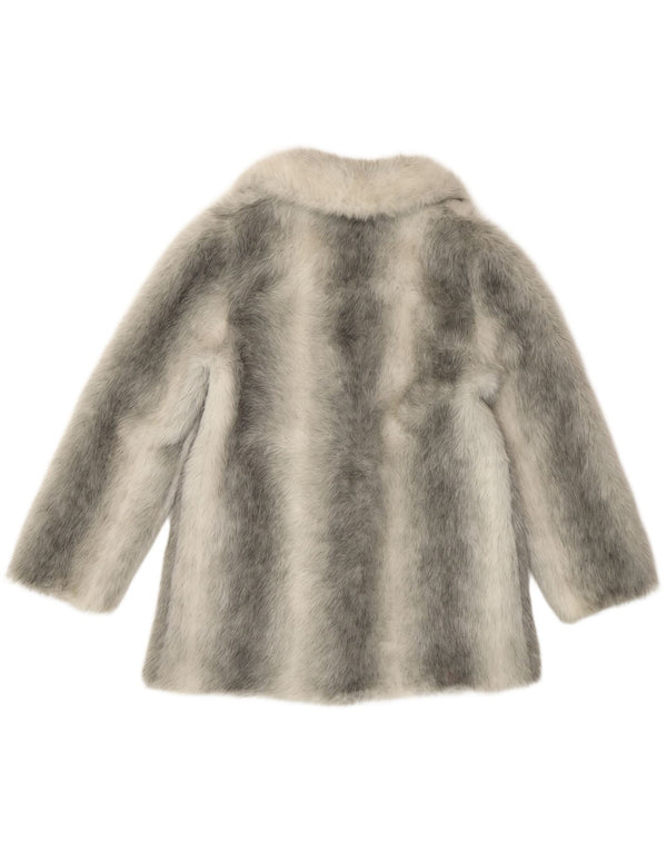 VINTAGE Damen Kunstfellmantel UK 12 Mittelsilber gestreift Modacryl