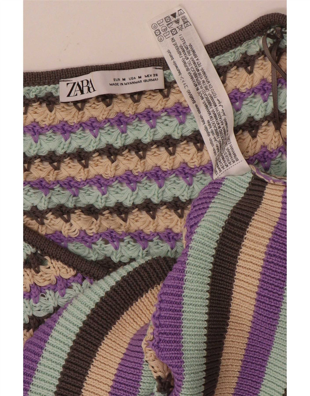 Zara Damen Crop V-Ausschnitt Pullover Pullover UK 12 Medium Mehrfarbig gestreift