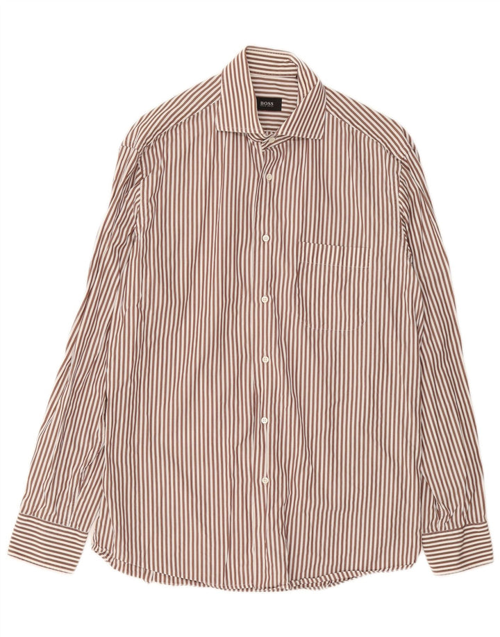 HUGO BOSS Mens Shirt Size 40 15 1/2 Medium Brown Pinstripe