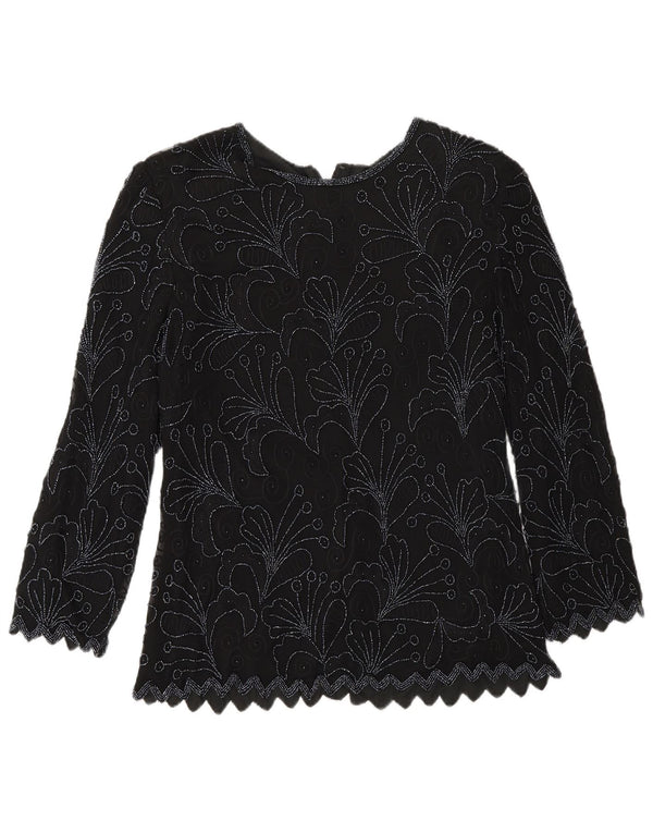 Vintage Damen Langarm-Blusenoberteil, Größe S, Größe S, Schwarz, Blumenmuster, Seide