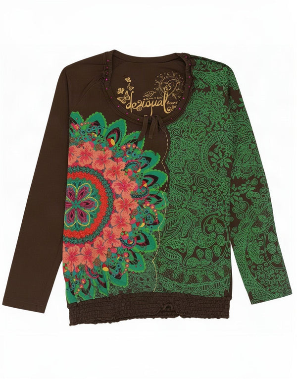 Desigual Womens Graphic Top Langarm UK 14 Große grüne Blumen-Baumwolle