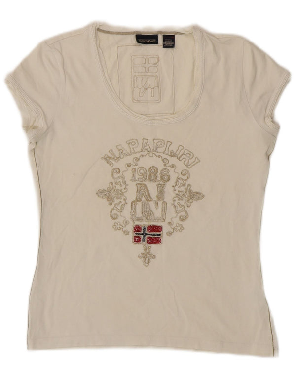 Napapijri Damen Grafik-T-Shirt-Oberteil UK 6 XS Off White Baumwolle