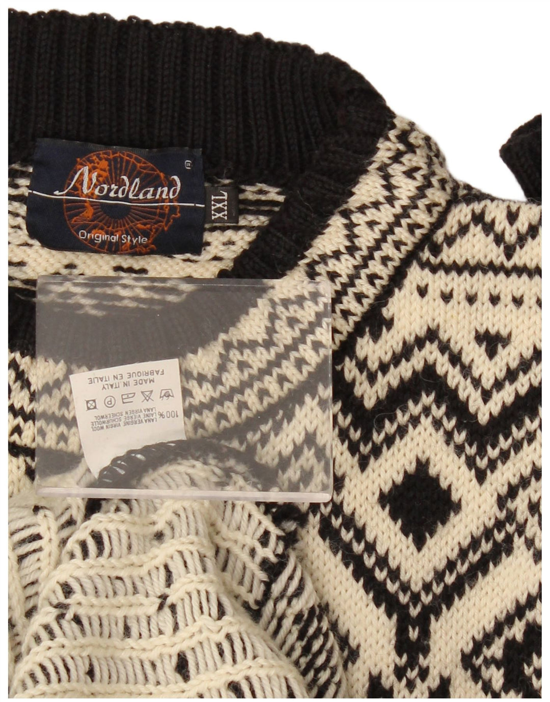 Vintage Herren Rundhalspullover Pullover 2XL Schwarz Fair Isle Schurwolle
