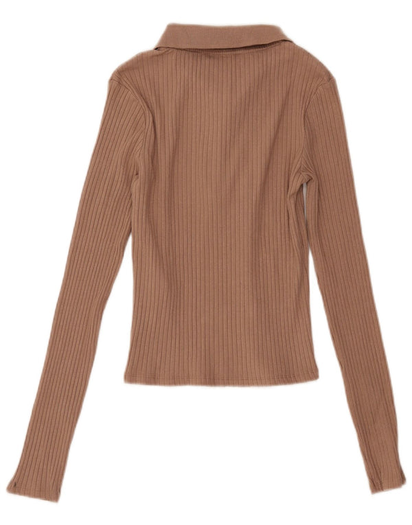 Zara Damen Crop Langarm-Poloshirt UK 8 Small Braun Baumwolle
