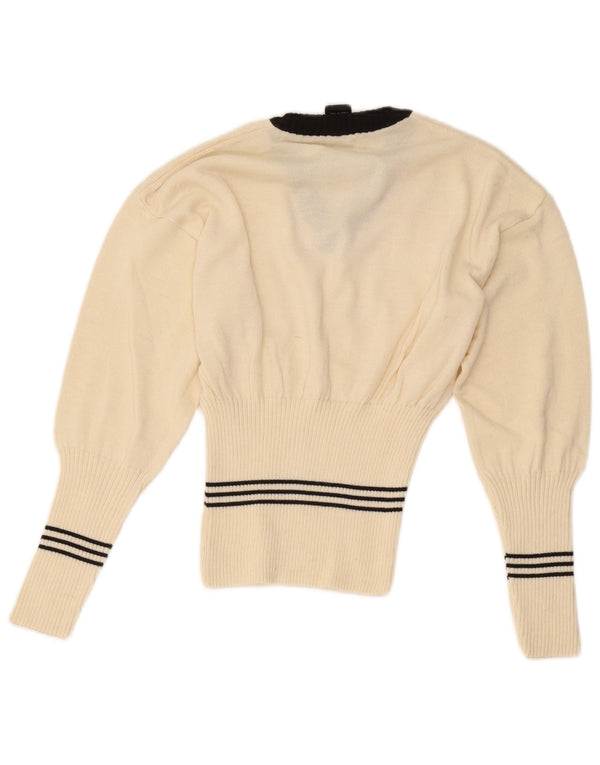 Vintage Damen V-Ausschnitt Pullover Pullover UK 8 Small Off White Gestreifte Wolle