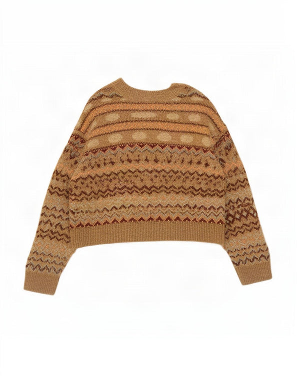 Zara Damen Crop V-Ausschnitt Pullover Pullover UK 14 Medium Beige Fair Isle