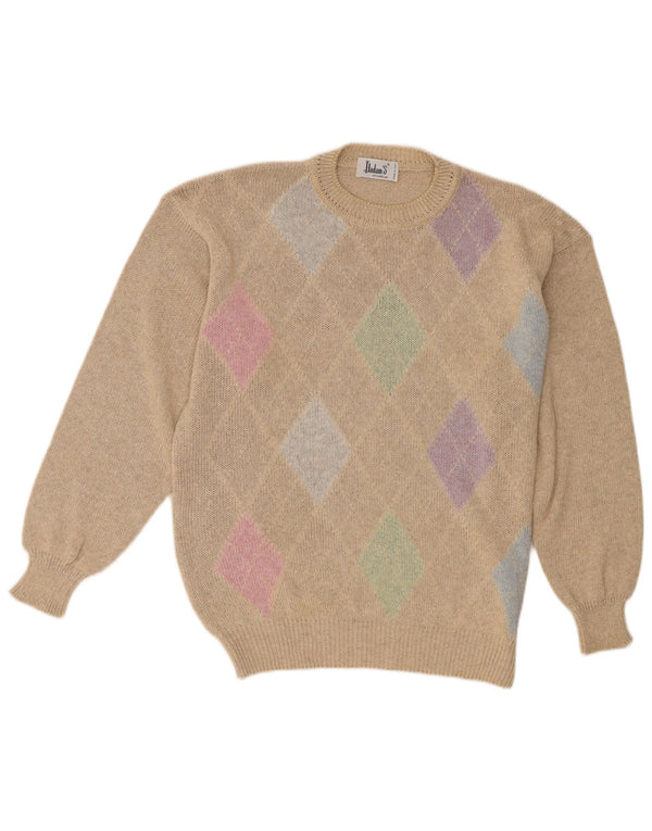 Vintage Herren Pullover mit Rundhalsausschnitt IT 52 Large Beige Argyle/Diamant