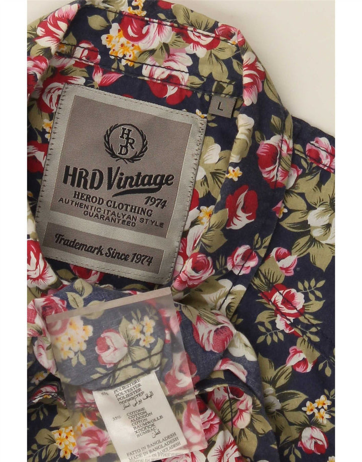 Vintage Herren Kurzarmhemd, groß, blau, geblümt, Polyester