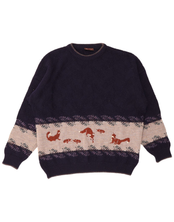 Vintage Herren-Pullover mit Rundhalsausschnitt, Grafik, XL, Lila, Colourblock-Wolle