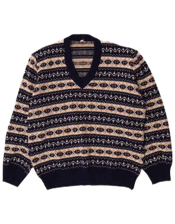Vintage Damen V-Ausschnitt Pullover Pullover UK 12 Medium Navy Blue Fair Isle
