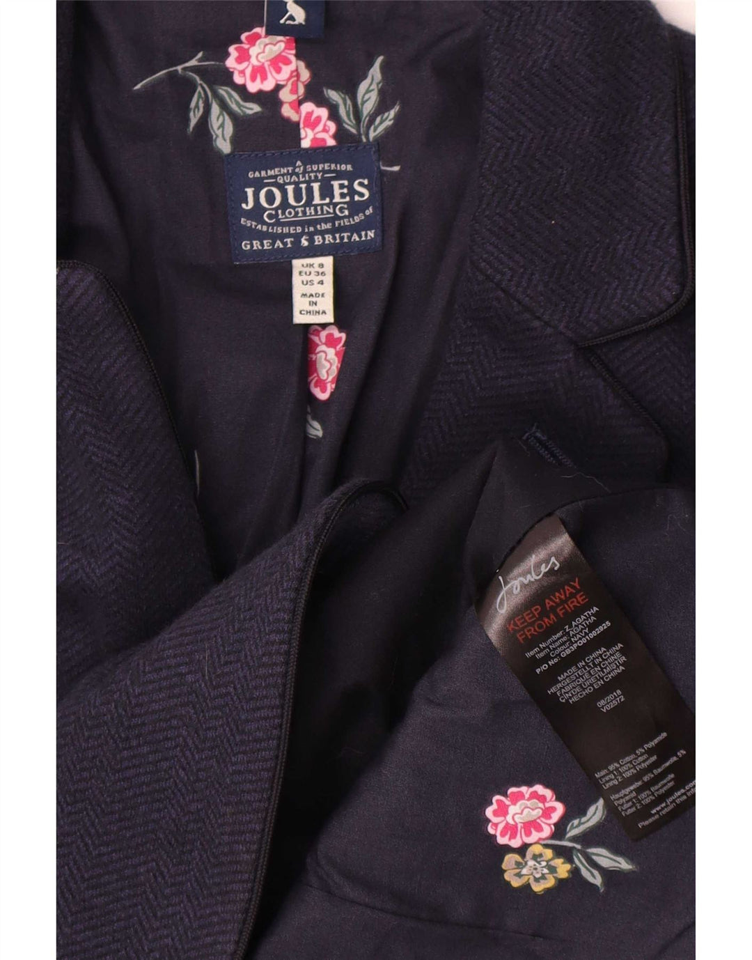 Joules Damen-Blazer mit 2 Knöpfen, Gr. 8, Marineblau, Fischgrätenmuster