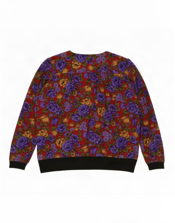 Vintage Damen 3/4-Ärmel-Hemdbluse UK 14 Großes rotes Blumenmuster