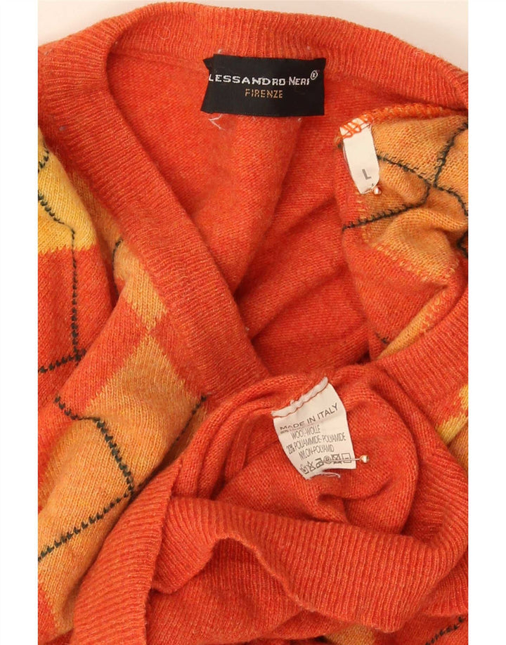 Vintage Herren V-Ausschnitt Pullover Pullover Große Orange Argyle/Diamant Wolle