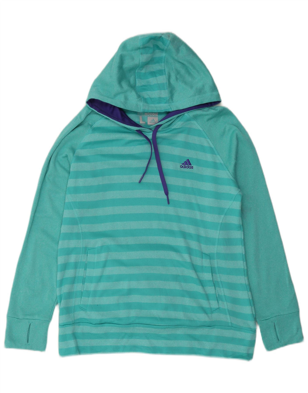 Adidas Mens Hoodie Jumper Large Turquoise Striped Polyester