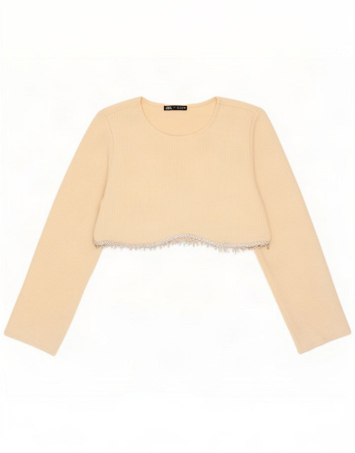 Zara Damen Langarm-Crop-Top UK 8 Small Off White