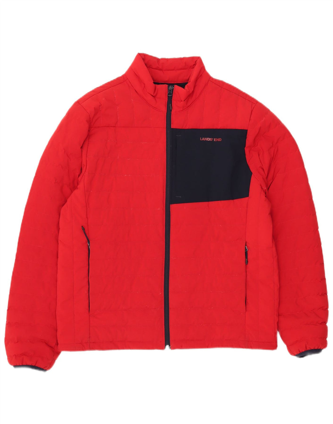 Lands End Wattierte Herrenjacke UK 38 Mittelrotes Colourblock-Polyester