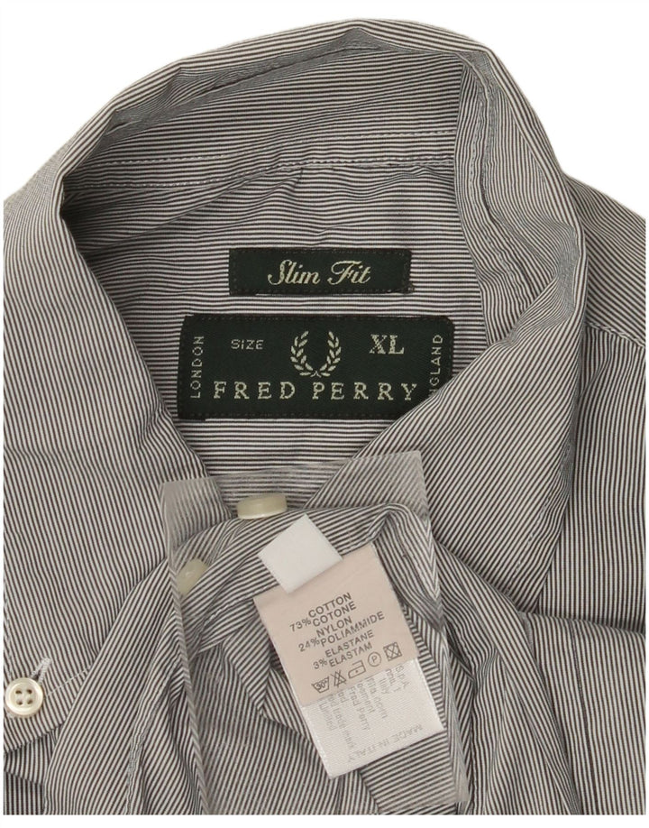 FRED PERRY Herren Slim Fit Hemd XL Grau Nadelstreifen Baumwolle
