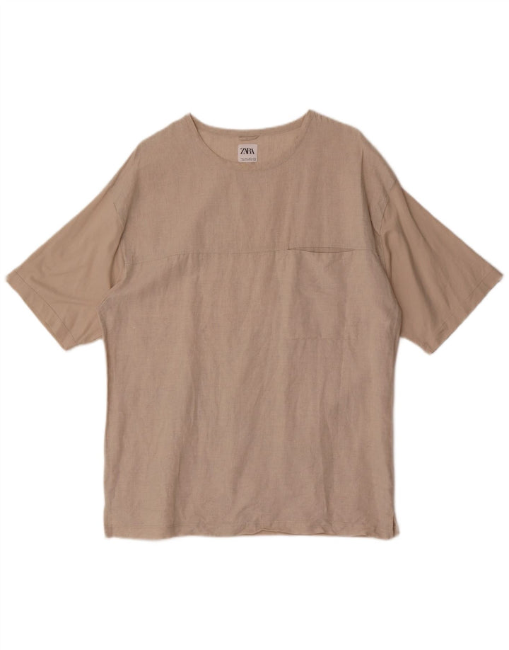 Zara Herren T-Shirt Top Large Beige Baumwolle