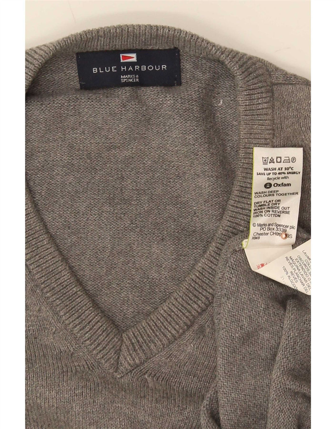 Marks & Spencer Herren Blauer Harbour-Pullover mit V-Ausschnitt aus mittelgrauer Baumwolle