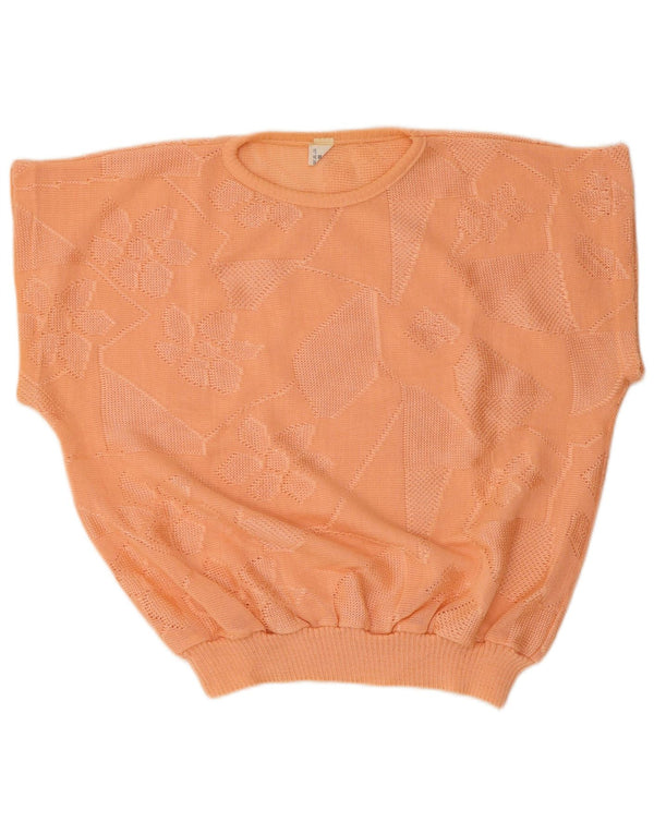 Vintage Damen Kurzärmeliger Pullover mit Rundhalsausschnitt IT 50 XL Orange Blumen