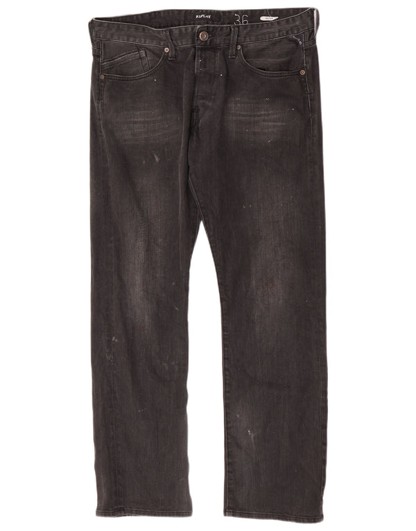 Replay Mens Waitom Straight Jeans W36 L32 Black Cotton