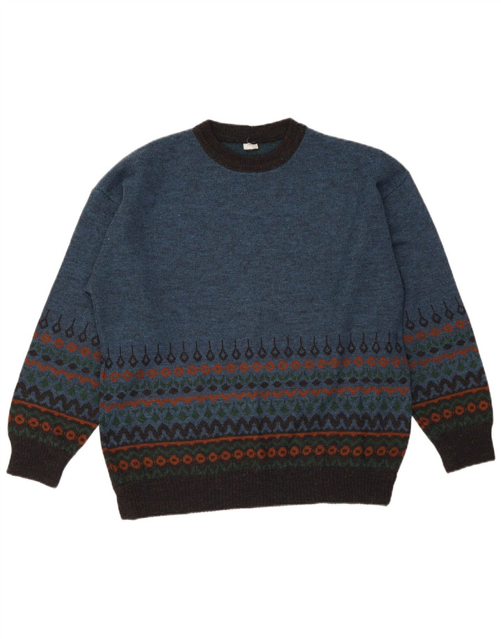 Vintage Herren Pullover mit Rundhalsausschnitt Mittelblau Fair Isle