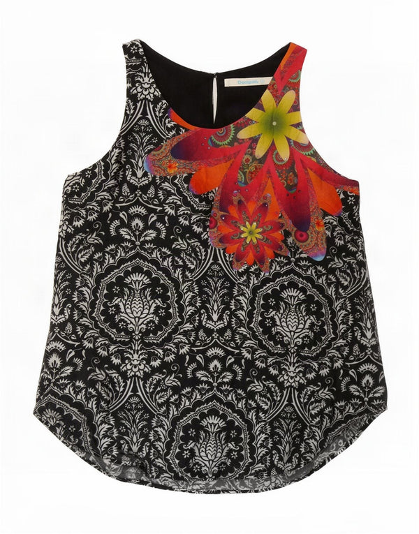 Desigual Grafisches ärmelloses Blusenoberteil für Damen, UK 12, Mittelschwarz mit Blumenmuster