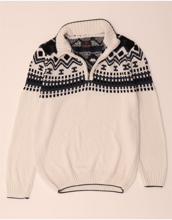Vintage Herren-Pullover mit Reißverschluss, groß, weiß, geometrisch, Polyacryl