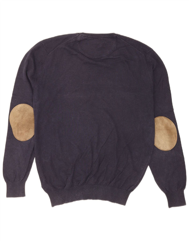 Massimo Dutti Herren-Pullover mit V-Ausschnitt, groß, marineblaue Baumwolle