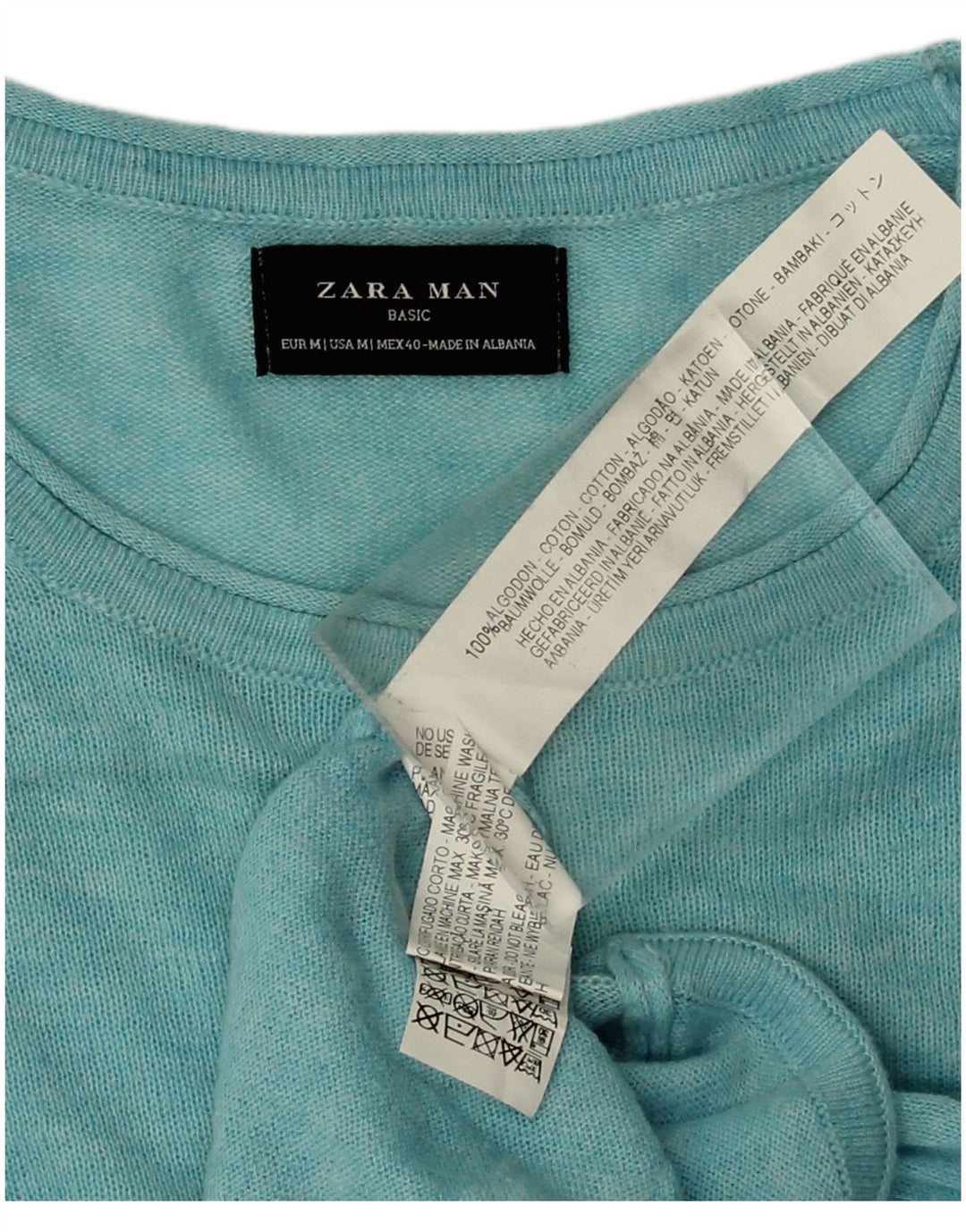 Zara Herren-Pullover mit Rundhalsausschnitt, mittelblaue Baumwolle