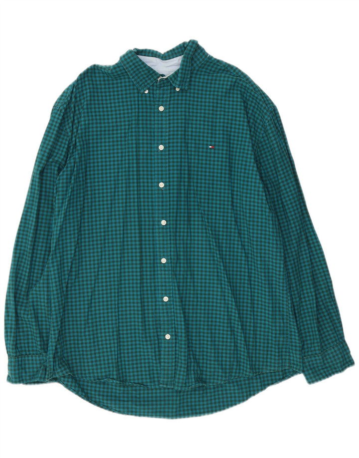 Tommy Hilfiger Herrenhemd 2XL, grüne Gingham-Baumwolle