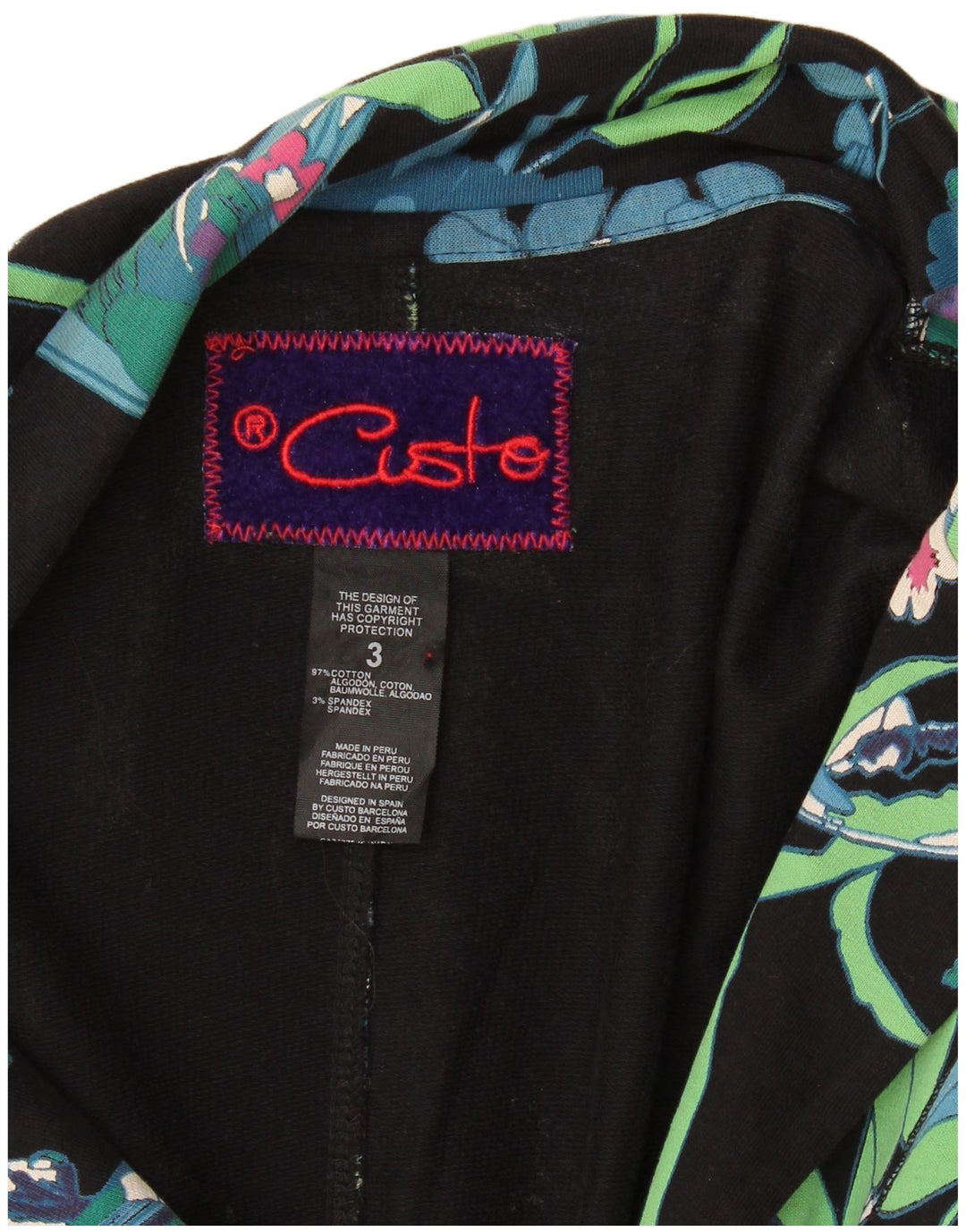 Custo Barcelona Damen-Blazerjacke mit 2 Knöpfen, Größe 3 XS, schwarze Baumwolle mit Blumenmuster