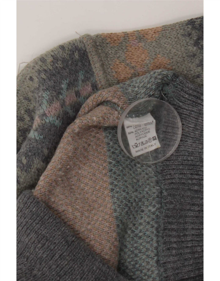 Vintage Herren-Pullover mit Rundhalsausschnitt, groß, graue Fair-Isle-Wolle