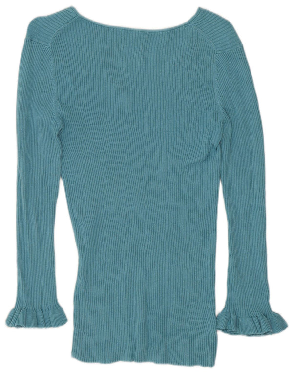Massimo Dutti Damen-Pullover mit V-Ausschnitt, UK 12, mittelblaue Seide