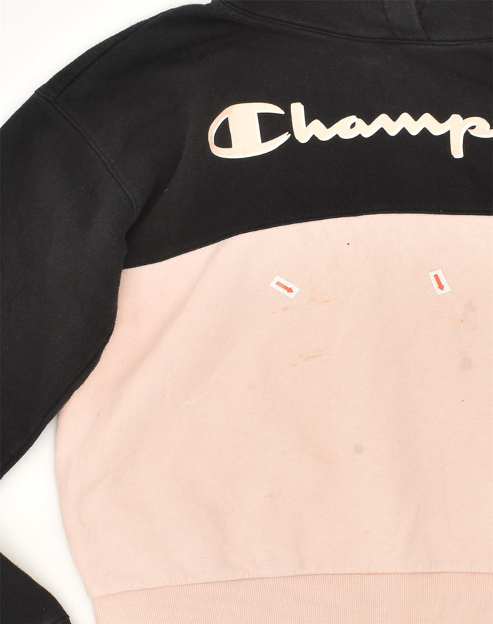 CHAMPION Womens Graphic Hoodie Jumper UK 14 Large Pink Colourblock Cotton | Vintage Champion | Thrift | Second-Hand Champion | Used Clothing | Messina Hembry 