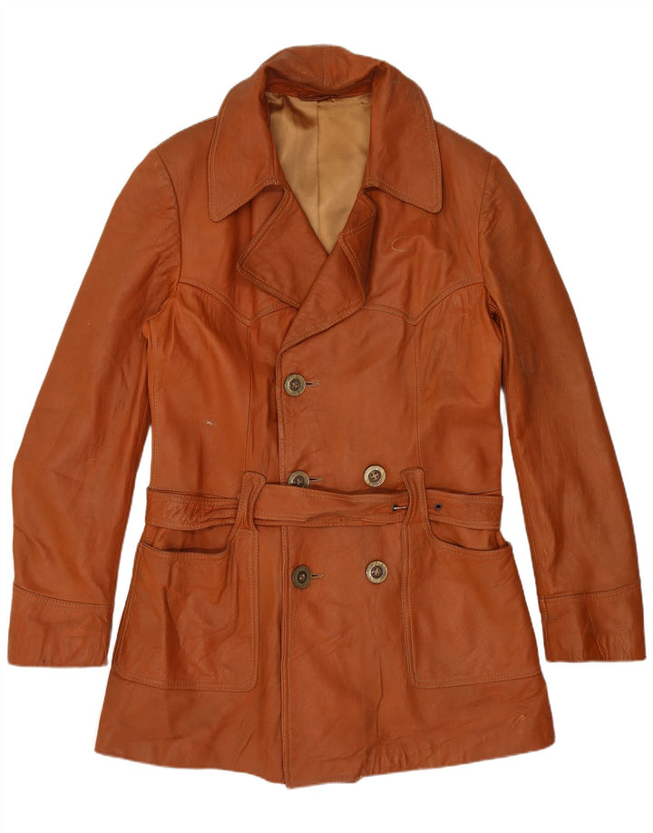 Vintage Damen Zweireihiger Ledermantel UK 14 Mittelbraun