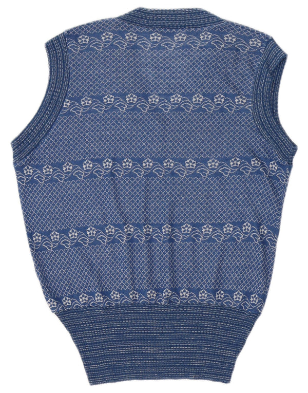 Vintage Herren Weste Tank Top Mittelblau Blumen Acryl