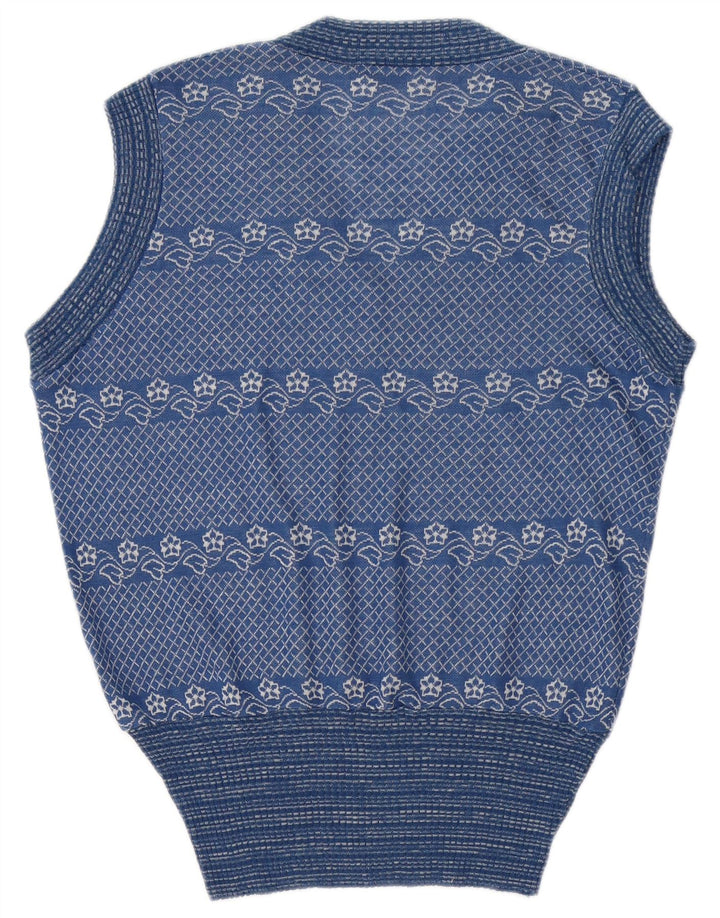 Vintage Herren Weste Tank Top Mittelblau Blumen Acryl