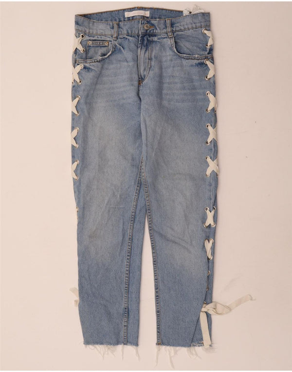 Zara Damen Trafaluc Distressed Straight Jeans EU 36 XS W26 L25 Blaue Baumwolle
