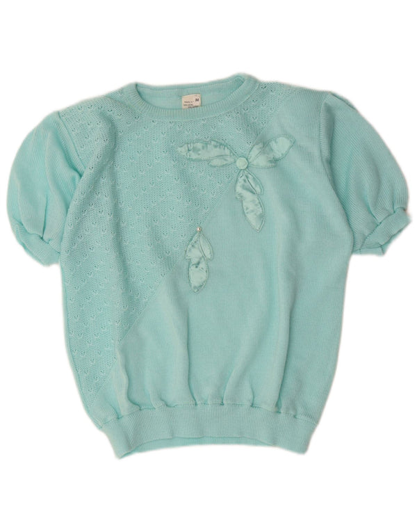 Vintage Damen Kurzärmeliger Pullover mit U-Boot-Ausschnitt UK 14 Mittelblau