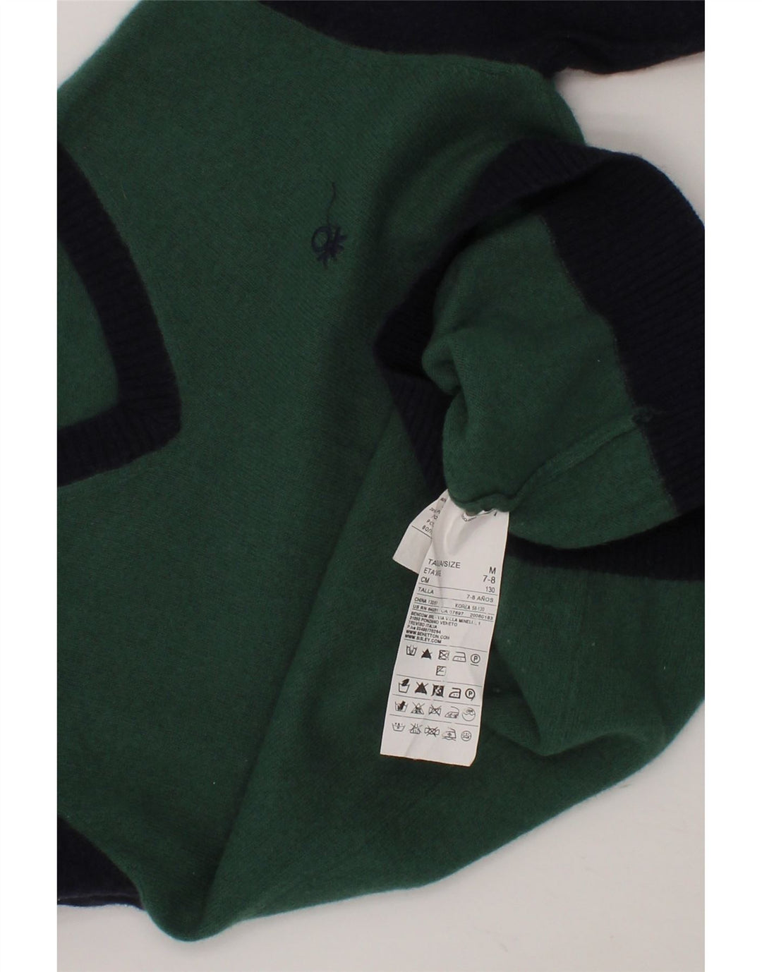 BENETTON Boys V-Neck Jumper Sweater 7-8 Years Medium Green Colourblock Vintage Benetton and Second-Hand Benetton from Messina Hembry 