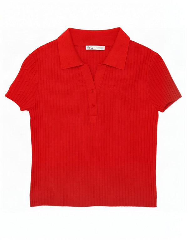 Zara Damen Kurzarm-Hemdbluse UK 16 Große rote Viskose