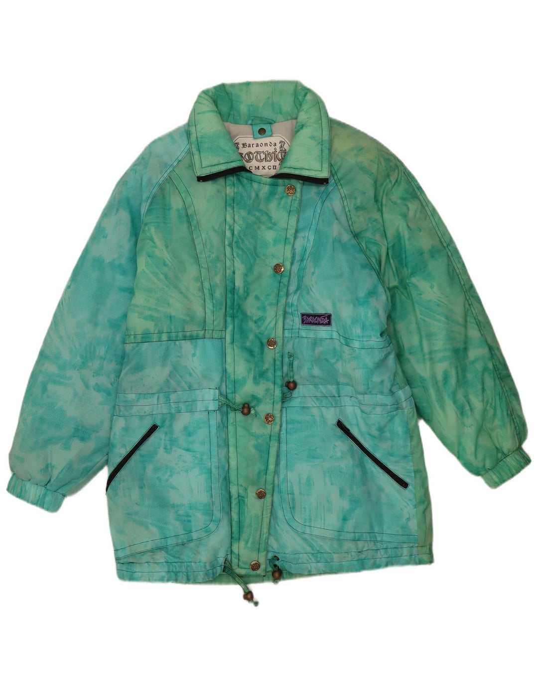 Vintage Damen Übergroße gepolsterte Jacke IT 42 Mittelgrünes Batik-Polyamid