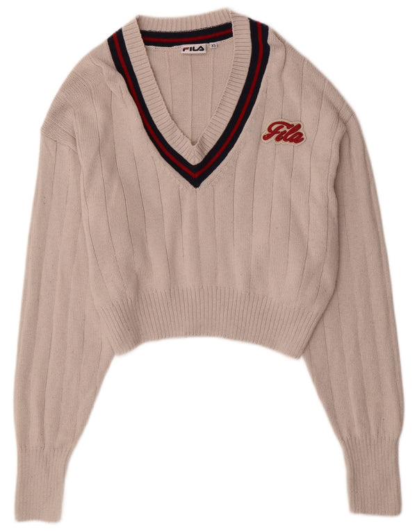 FILA Damen-Pullover, übergroß, bauchfrei, V-Ausschnitt, UK 6, XS, Beige, Baumwolle