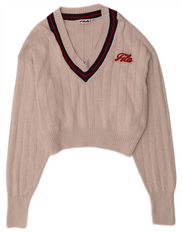 FILA Damen-Pullover, übergroß, bauchfrei, V-Ausschnitt, UK 6, XS, Beige, Baumwolle