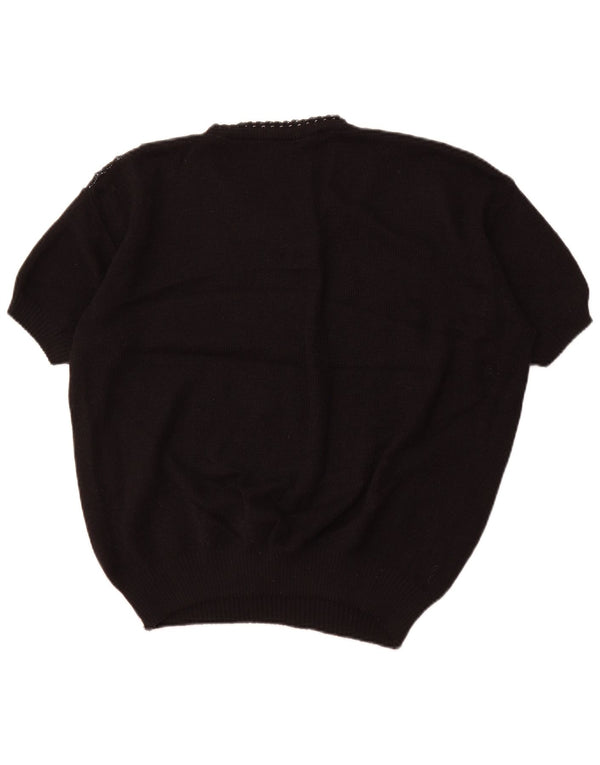 VINTAGE Damen Kurzärmeliger Pullover mit V-Ausschnitt UK 18 XL Schwarz gestreift