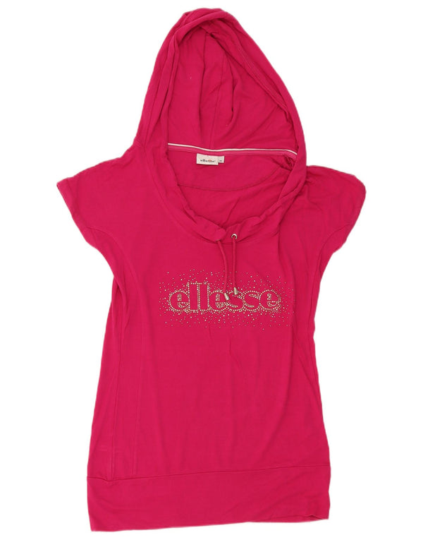 Ellesse Womens Hooded Graphic T-Shirt Top UK 12 Mittelrosa Viskose